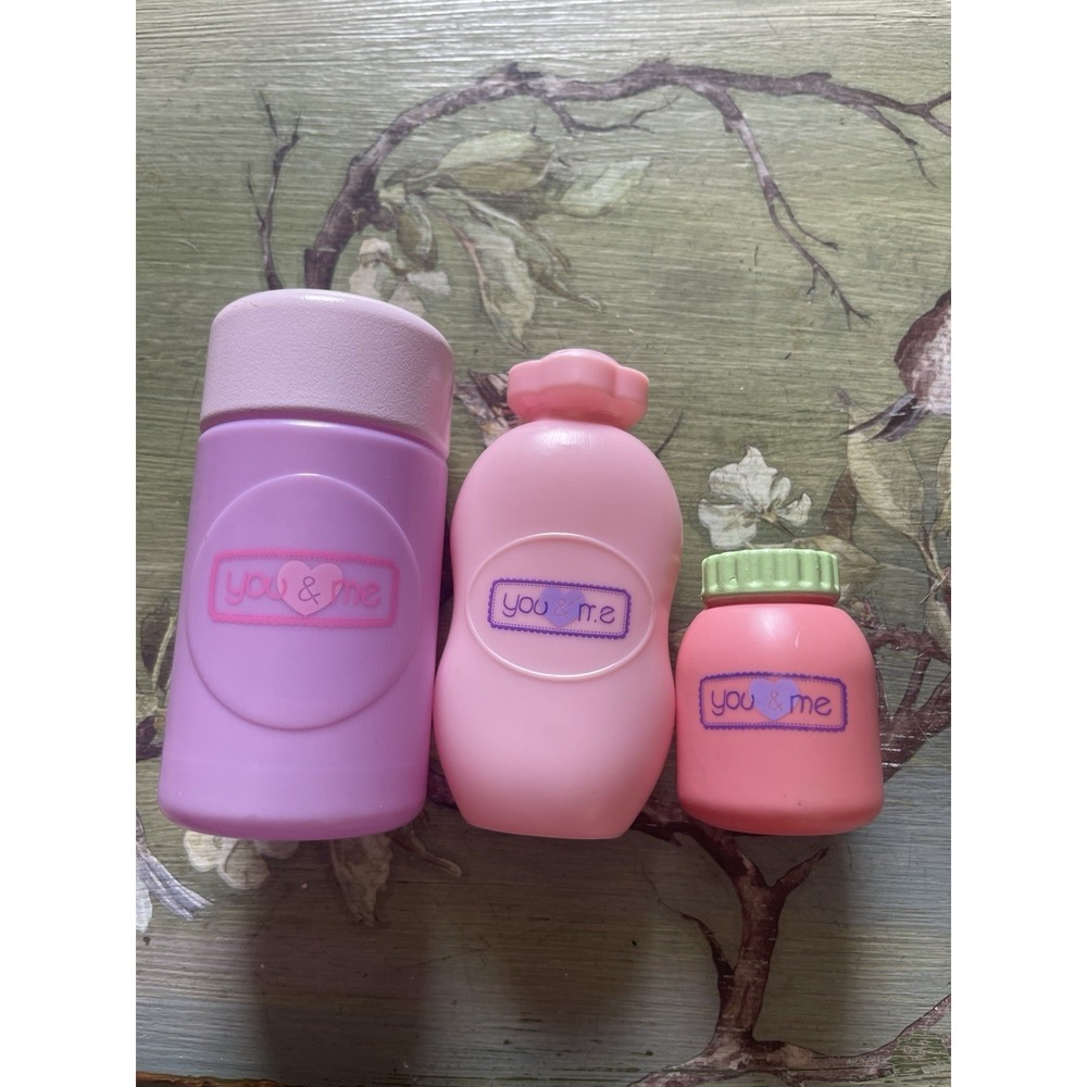 You and Me Baby Doll Care Accessories Pink Powder Jar Wipes Plastic Toy Lot 3